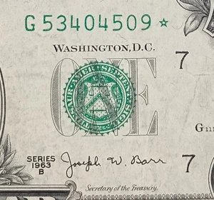 G53404509* $1 1963B Star Barr Note One Dollar Bill - Picture 1 of 3