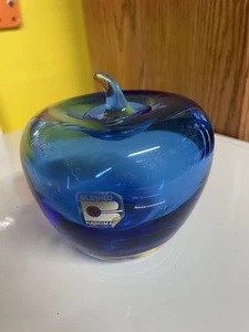 BLENKO Vintage Cobalt Blue Glass Apple with Label - Picture 1 of 9