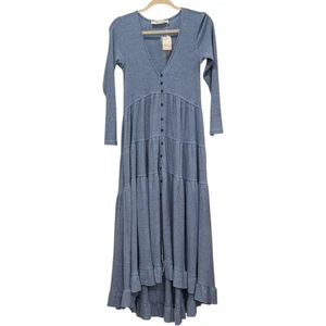Free People Blue Long Sleeve High Low Button Front Duster Dress Sz S Stretchy - Picture 1 of 8