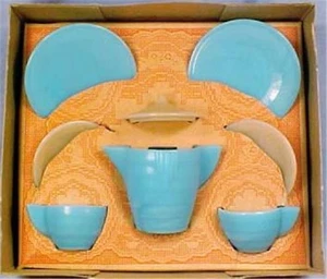 Akro Agate Concentric Ring Tea Set Pink Blue Depression Glass Play Time #132 VTG - Picture 1 of 6