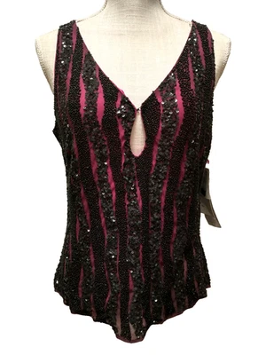 Nuevo con etiquetas Top Papell Boutique Noche 100% Seda Cuentas Lentejuelas Extraña Atracción L Foto 1 de 4