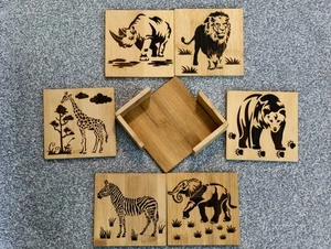6 Laser Engraved & Lacquered Wooden Coasters & Holder - Animal Safari Design - Picture 1 of 10