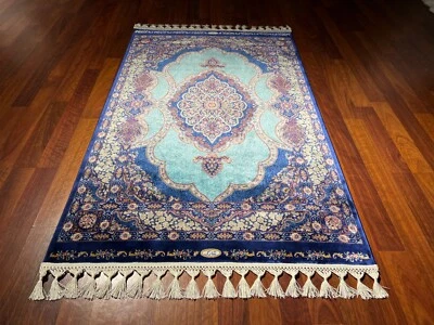 Mini alfombra de seda turca de 3x5 pies - diseño auténtico azul, regalo de inauguración de casa de lujo Foto 1 de 4
