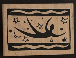 Sagoma Uomo Galleggiante in Corpi Celesti Luna Stelle Sogni Legno Timbro Gomma - Foto 1 di 3