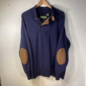 Vintage Orvis Mens L Sweatshirt Navy Cotton Brown Suede Elbow Patch 1/4 Button - Picture 1 of 8