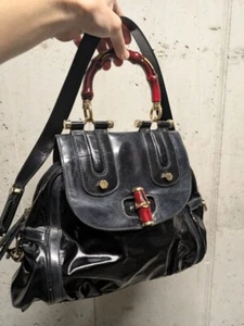 Gucci Pop Bamboo Dialux Coated Canvas Top Handle Shoulder Bag Black 190256 - Picture 1 of 17