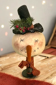 Folk Art Christmas Snowman head on spool handmade doll decor primitive rustic - Picture 1 of 5