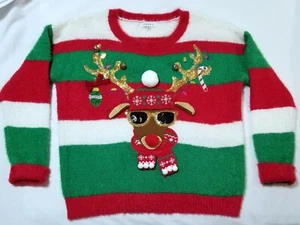 Women's Ugly Christmas Sweater Reindeer Sz XL Sequins Bells Pom-Poms Striped - Picture 1 of 12