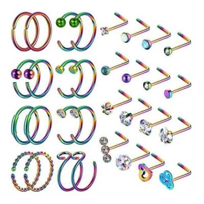 32PCS Nose Hoop Ring L-Shaped Nose Studs Surgical Steel Pin Lip Ear Piercing 20G - Image 1 of 4
