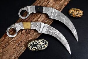 Beautiful handmade Damascus karambit knife handle made of and buffalo horn(Pair)