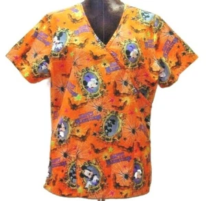 Disney M Halloween Uniform Scrub Top Mickey Minnie Spiders Bats Medical Costume - Picture 1 of 11