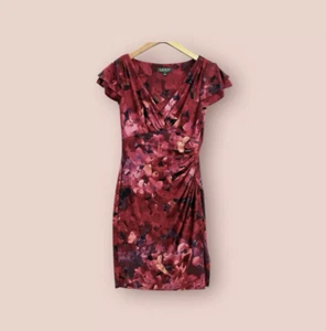 Ralph Lauren Ruched Faux Wrap Stretch Dress SZ 14 Flutter Sleeve Red Romantic - Picture 1 of 5