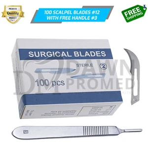 100 Sterile Surgical Blades #12 with FREE BP Scalpel Handle #3 Medical German Gr - Picture 1 of 7