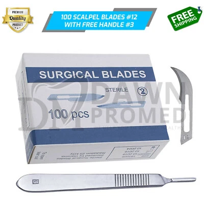 100 Sterile Surgical Blades #12 with FREE BP Scalpel Handle #3 Medical German Gr - Image 1 of 4