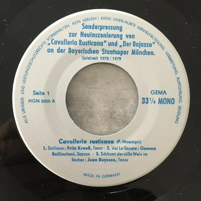 BAYERISCHE STAATSOPER: Cavalleria Rusticana/Bajazzo-Sonderpressung 1978/79 (EP) - Bild 1 von 4