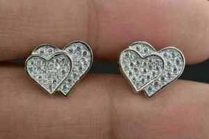 Orecchino doppio cuore borchia taglio tondo creato in laboratorio diamante placcato oro bianco 14 kt - Foto 1 di 3