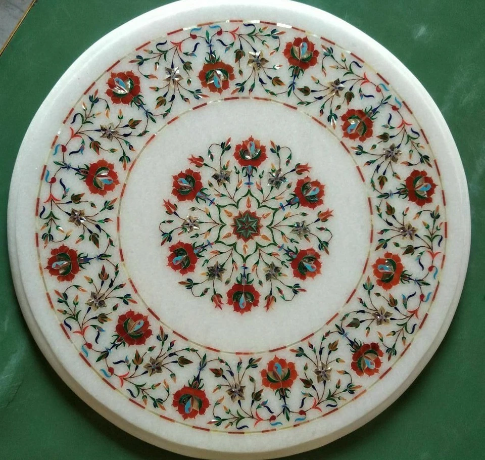 18" Marble coffee Table Top semi precious floral Inlay Work Home Decor - Image 1 of 1