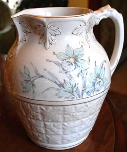 RARE Antique Victorian DRAGON HANDLE WATER PITCHER Embossed POTTERY Daffodils - Picture 1 of 13