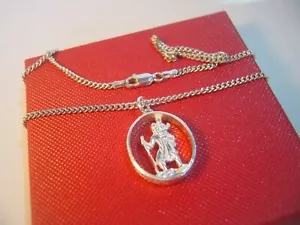 SOLID THICK SILVER0VINTAGE 18" CURB NECKLACE & FANCY HAND MADE ST CHRISTOPHER - Picture 1 of 12