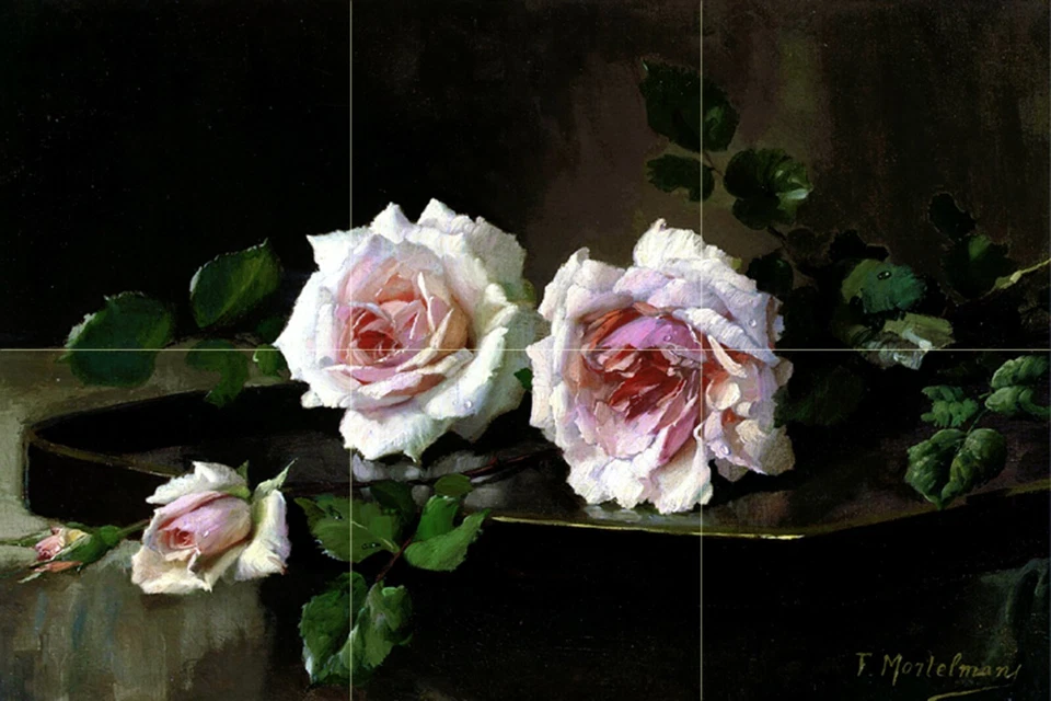Mural Still Life Two Pink Roses by Frans Mortelmans Kitchen Bathroom Wall 3321 - Image 1 of 1