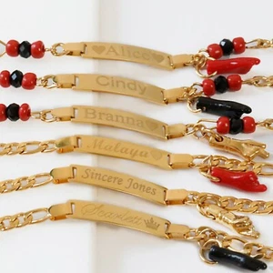 Personalisiertes Azabache Baby Armband - Gold Name ID Kubanische Kette für Kinder Geschenk - Bild 1 von 14