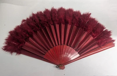 Antique Folding Hand Fan Wooden Wood Feathered Vintage - Image 1 of 4