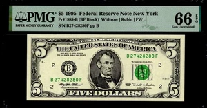 1995 $5 FRN NEW YORK. FR: 1985-B. PMG Graded: 66 EPQ. KEY DISTRICT & SCARCE. - Picture 1 of 2