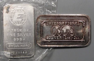 2 barras de plata vintage: Engelhard e International. Plata 0,999 troy de 1 oz cada uno - Imagen 1 de 8