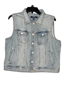 Neu mit Etikett CHAPS Damenjeansweste Distressed blau Denim Größe XL Knopfleiste $ 79 unverbindliche Preisempfehlung des Herstellers - Bild 1 von 9