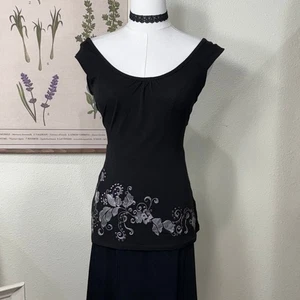 Top túnica vintage años 90 Y2k negro plata floral bordado romántico gótico S M - Imagen 1 de 6