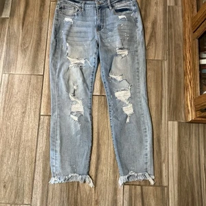 Judy Blue Jeans 30 blau Boyfriend Fit Stretch Denim distressed ausgefranste Manschette - Bild 1 von 11