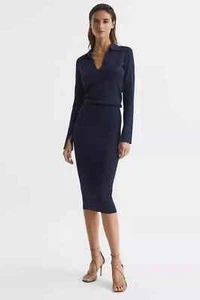 REISS Midi Dress Navy Blue Medium Petite Elaina Rib Knitted Collared Stretch - Picture 1 of 13