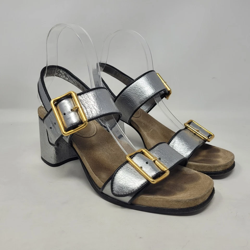 Prada Sandals IT40 US10 Silver Metallic Leather Block Heel Slingback Gold Buckle - Image 1 of 4