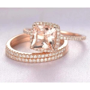 2.85 Ct Morganite & Real Moissanite 14K Rose Gold Plated Trio Wedding Ring Sets - Picture 1 of 3