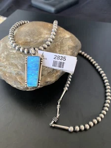Native Blue Opal Inlay Navajo Pearls Sterling Silver Necklace Pendant 2835 - Picture 1 of 12