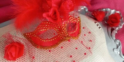 Red Columbine Carnival mask handmade feathers for carnival events from Oporto - Image 1 of 4