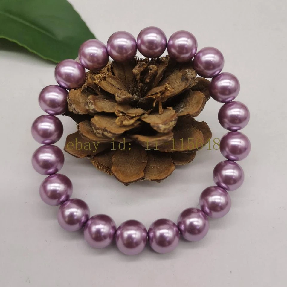 Linda pulseira de contas redondas de pérola concha roxa natural do mar do sul 10 mm 7,5 polegadas - Imagem 1 de 1