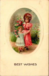 Postcard Best Wishes Embossed Card Children Girls Roses - Picture 1 of 2