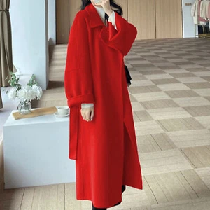Women Wool Coat Solid Color Stylish Women's Winter Overcoat with Belt Pockets - Picture 1 of 12