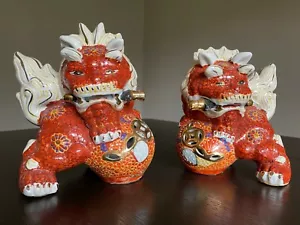 Foo Dogs Okinawa Guardian Shisa Dogs Kutani Vintage Arancione Maschio riposato sulla palla - Foto 1 di 12