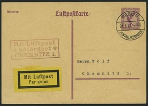 LUFTPOSTBESTÄTIGUNGSSTPL CHEMNITZ in rotviolett, Luftpostkarte von BERLIN n. - Bild 1 von 1