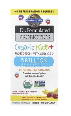 Dr. Formulated Probiotics, Organic Kids + Chewables, Tasty Organic Strawberry ba - Image 1 of 3