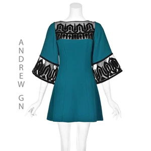 ANDREW GN türkisfarbenes Minikleid mit schwarzem Samt an transparenter Passe und Ärmeln FR36 US4 - Bild 1 von 9