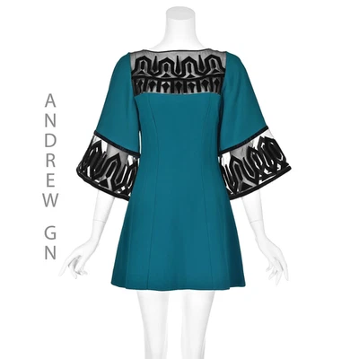 ANDREW GN Teal Mini Dress w/Black Velvet on Sheer Yoke & Bell Sleeves FR36 US4 - Image 1 of 4