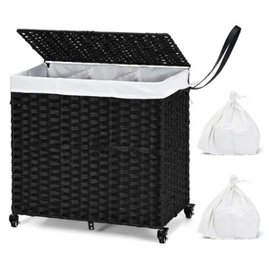 Costway Laundry Hamper with Lid125L 3-Section Divided Clothes Basket with Wheels - Picture 1 of 8
