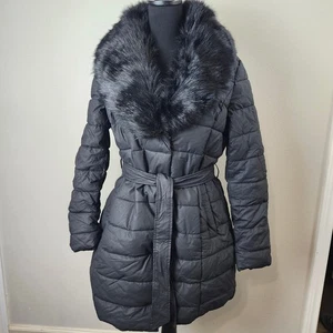 Bellivera Women's Puffer Black Large Jacket Faux Fur Removable Collar Zip Snap - Picture 1 of 17