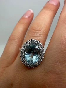 18CT WHITE GOLD OVAL CUT AQUAMARINE AND DIAMONDS CLUSTER RING 4.95CT ID61 - Picture 1 of 24