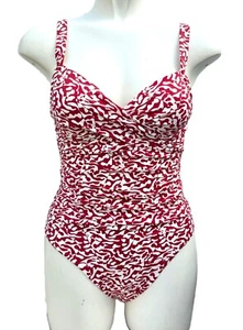 M&S Red Swimsuit White Crossover Pattern Swimming Costume Size 10 12 14 Reg Long - Picture 1 of 9