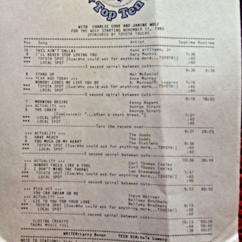 RADIO SHOW: COUNTRY TOP 10 11/11/85 INTERVIEWS: GEORGE STRAIT,BELLAMY BROS,JUDDS - Image 1 of 1