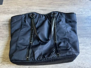 Ann Taylor Black Nylon + Patent Leather Weekender Tote Large Shoulder Bag Handle - Picture 1 of 4